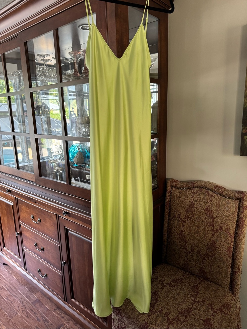 Zara Neon Lime Slip Maxi Dress with Spaghetti Straps